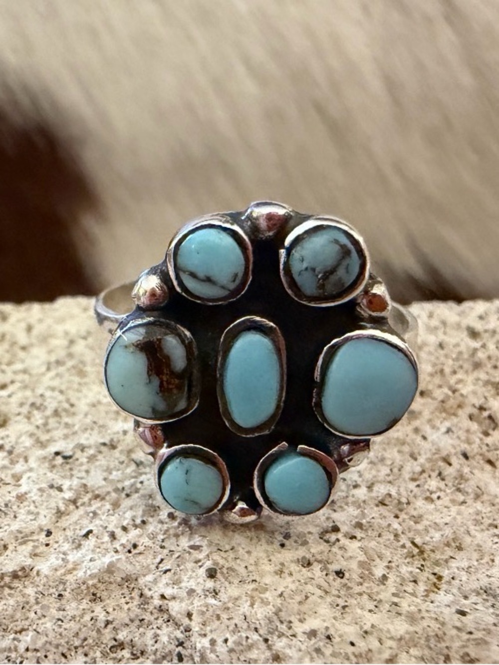 ❤️ Navajo Signed “RD” Golden Hills Turquoise Cluster Split Shank Ring Size 8.5